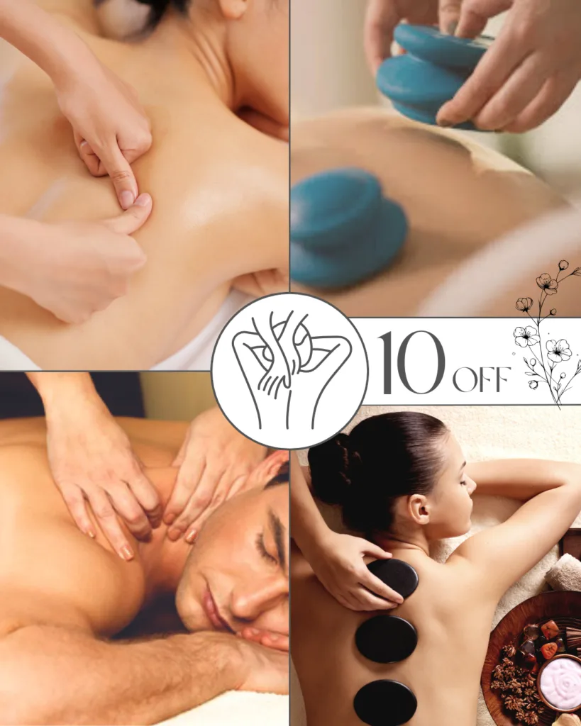 Collage of massage treatments featured in massage specials Edmonton at Viva Massage and Wellness