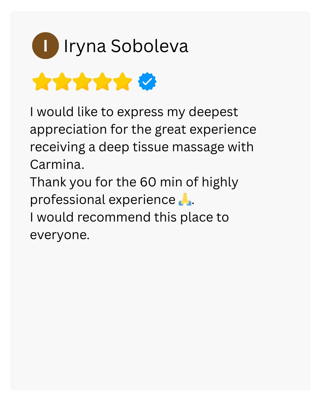 Positive client review for massage services