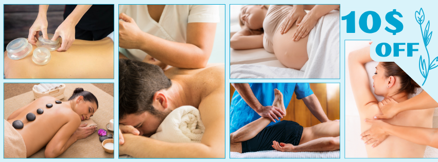 Collage of massage treatments featured in massage specials Edmonton at Viva Massage and Wellness