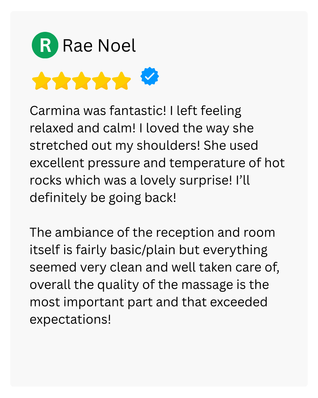 Five star client review for Viva Massage