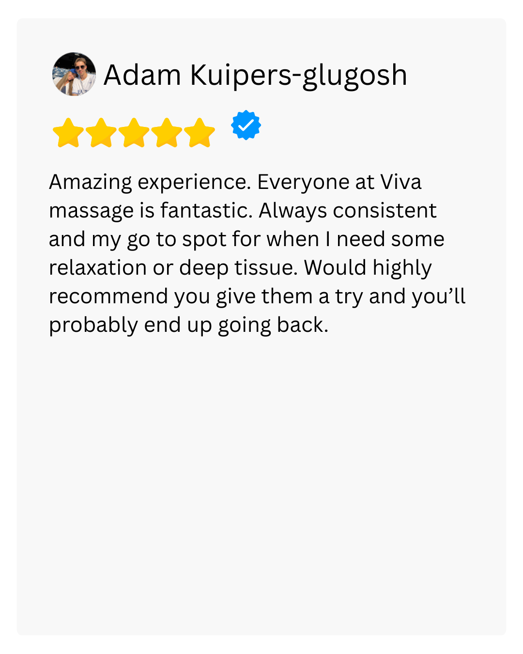 Satisfied client review for Viva Massage