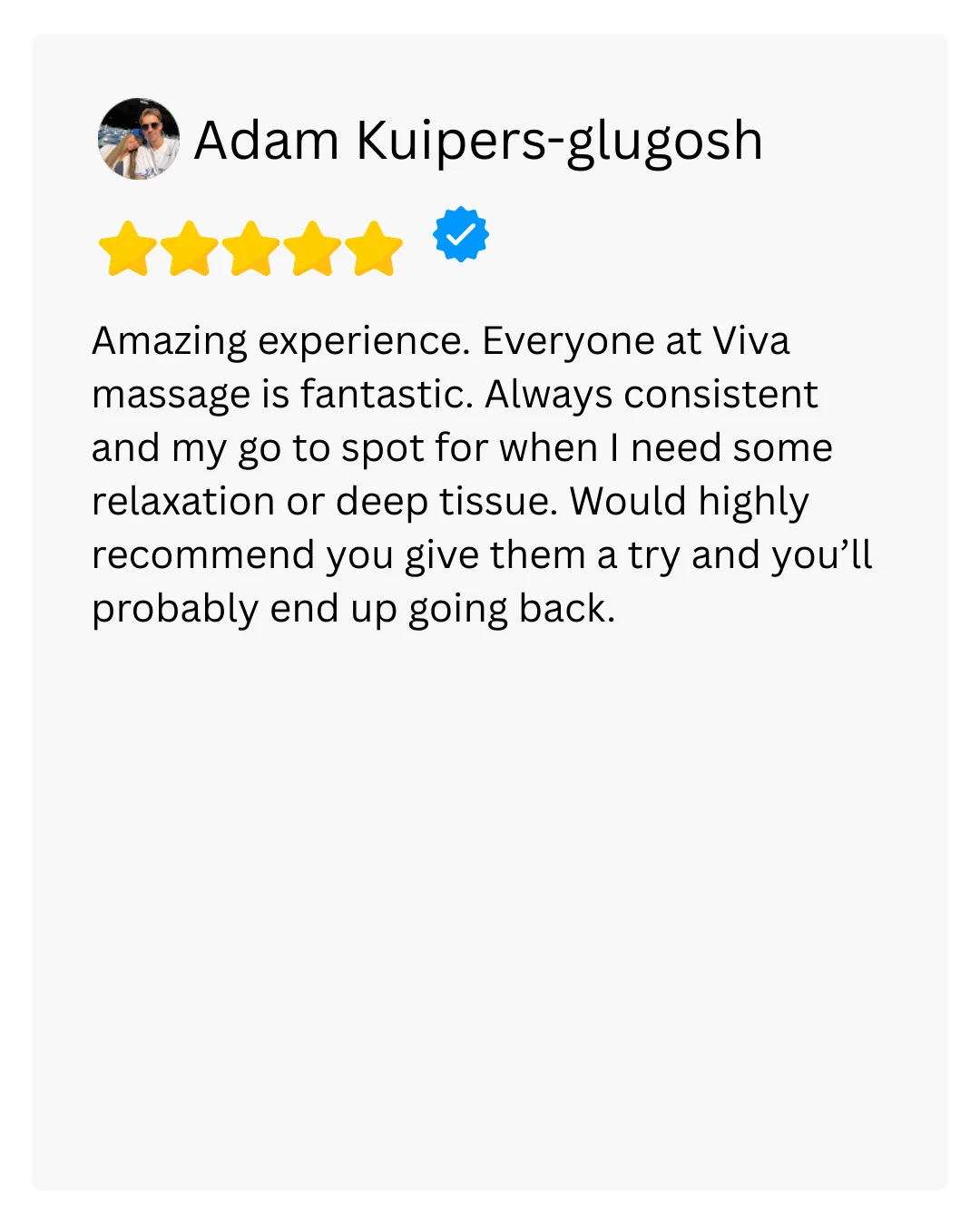 Satisfied client review for Viva Massage
