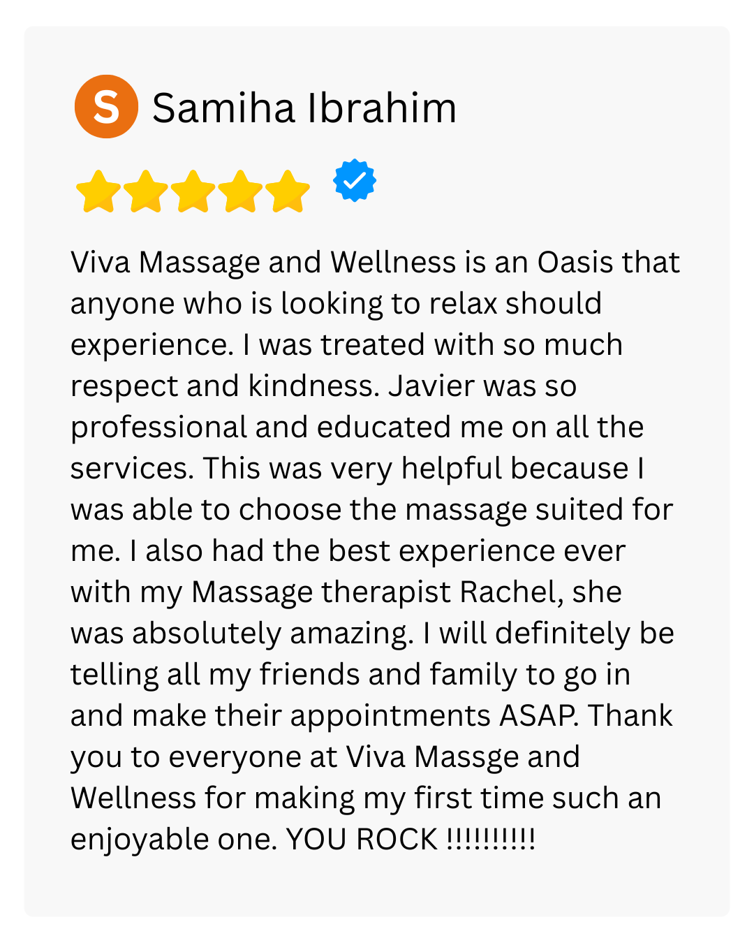 Client testimonial for Viva Massage clinic