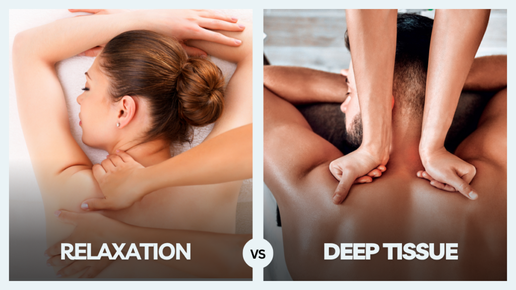Relaxation vs Deep tissue massage comparison showing firm pressure massage and gentle relaxation technique
