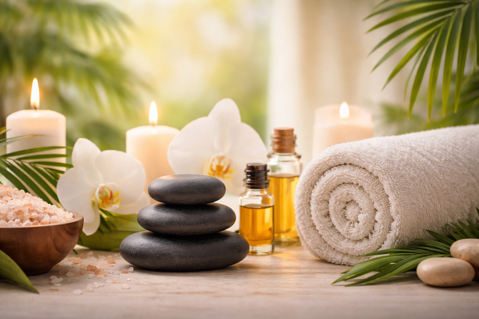 Spa-inspired setting with massage stones, essential oils, candles, and towels representing relaxation and wellness