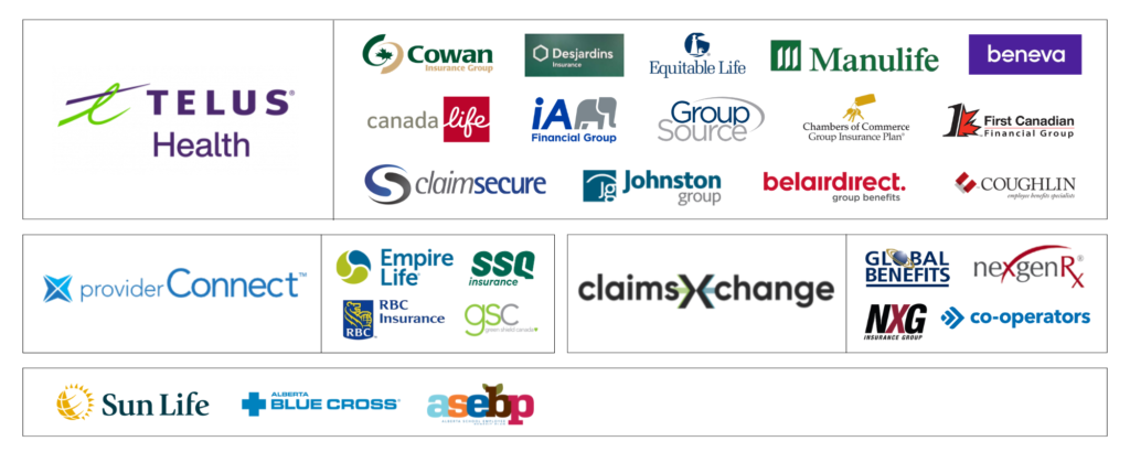 Direct billing insurance providers at Viva Massage Edmonton including Alberta Blue Cross, Manulife, Sun Life, TELUS Health and more