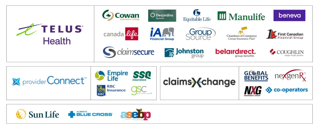 Direct billing insurance providers at Viva Massage Edmonton including Alberta Blue Cross, Manulife, Sun Life, TELUS Health and more