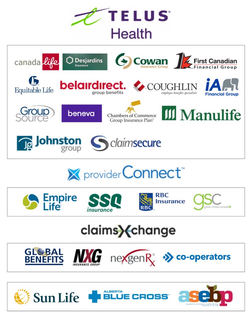 Direct billing insurance providers at Viva Massage Edmonton including Alberta Blue Cross, Manulife, Sun Life, TELUS Health and more