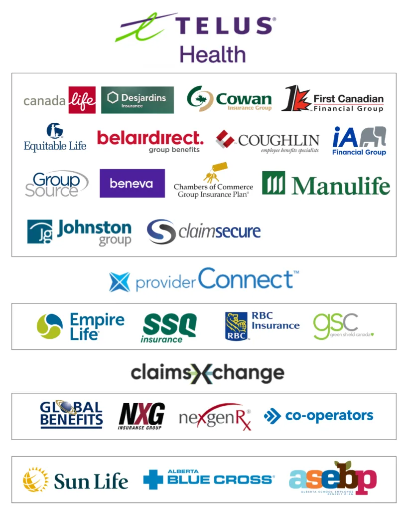 Direct billing insurance providers at Viva Massage Edmonton including Alberta Blue Cross, Manulife, Sun Life, TELUS Health and more