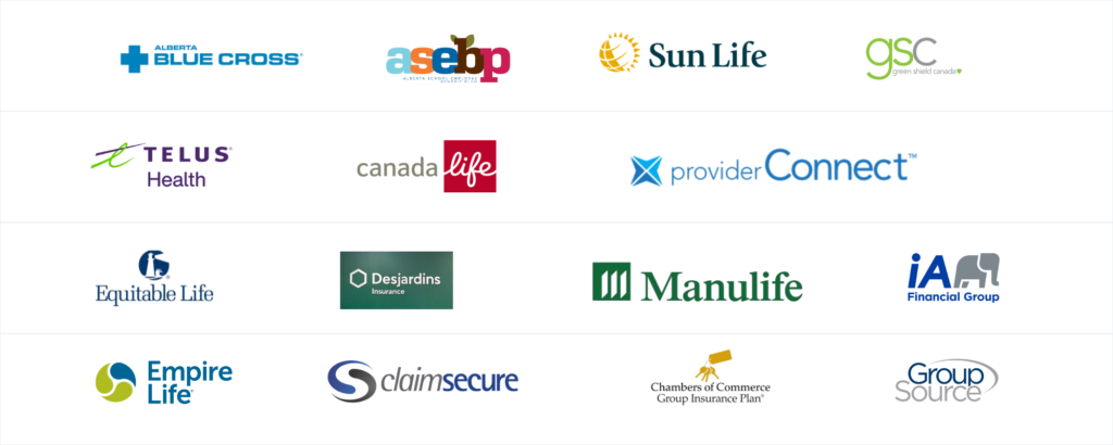 Direct billing insurance providers for massage therapy in Edmonton including Alberta Blue Cross, Sun Life, Manulife, Canada Life and TELUS Health