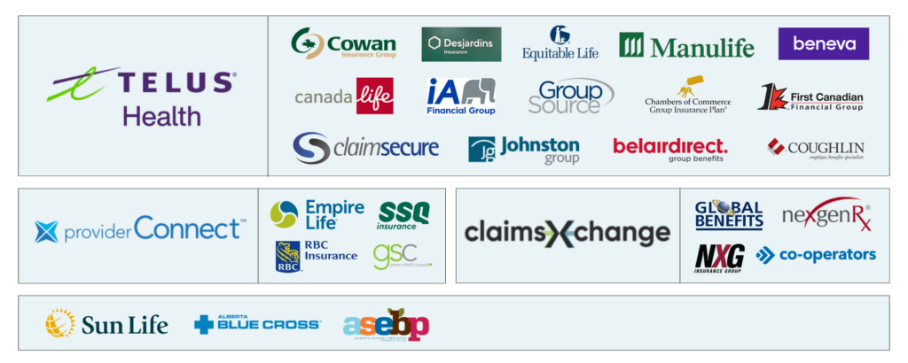 Direct billing insurance providers at Viva Massage Edmonton including Alberta Blue Cross, Manulife, Sun Life, TELUS Health and more