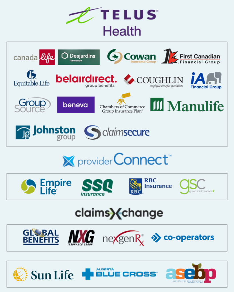 Direct billing insurance providers at Viva Massage Edmonton including Alberta Blue Cross, Manulife, Sun Life, TELUS Health and more